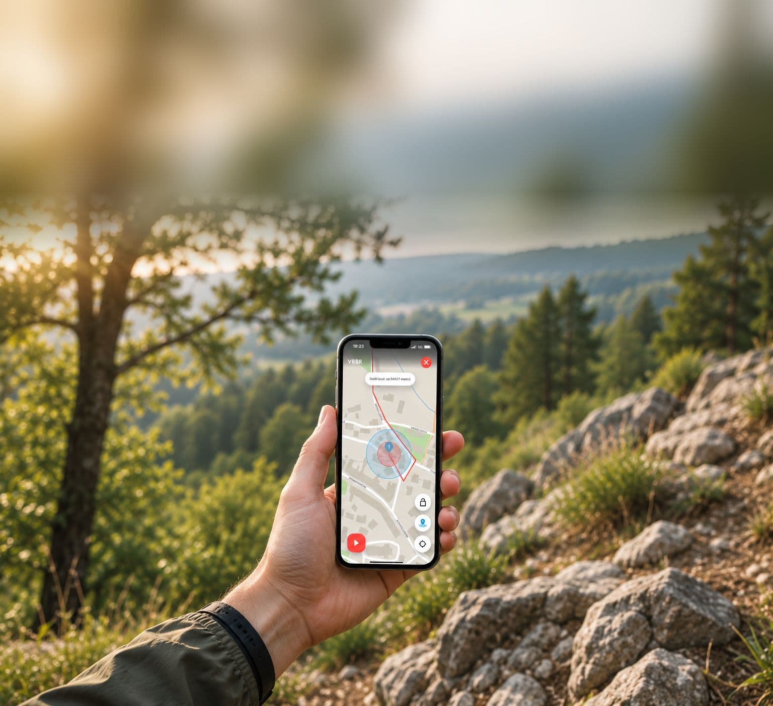 Ruka drží telefon s mapovou aplikací v terénu