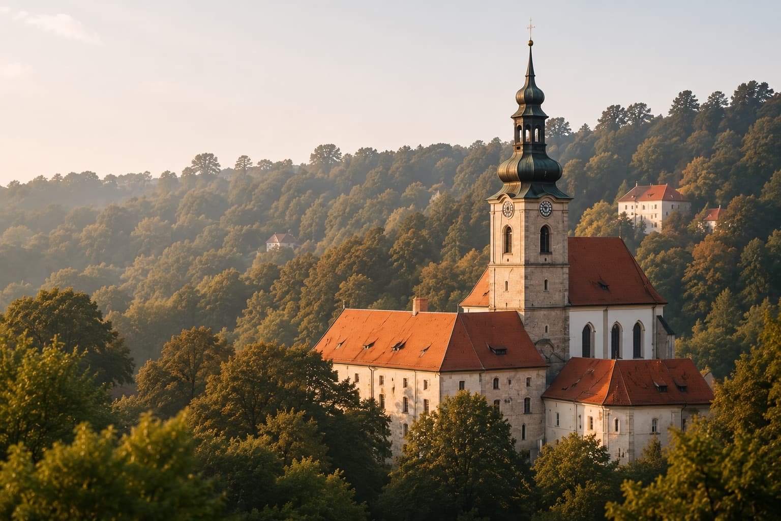 Historický klášter s věží na zalesněném kopci
