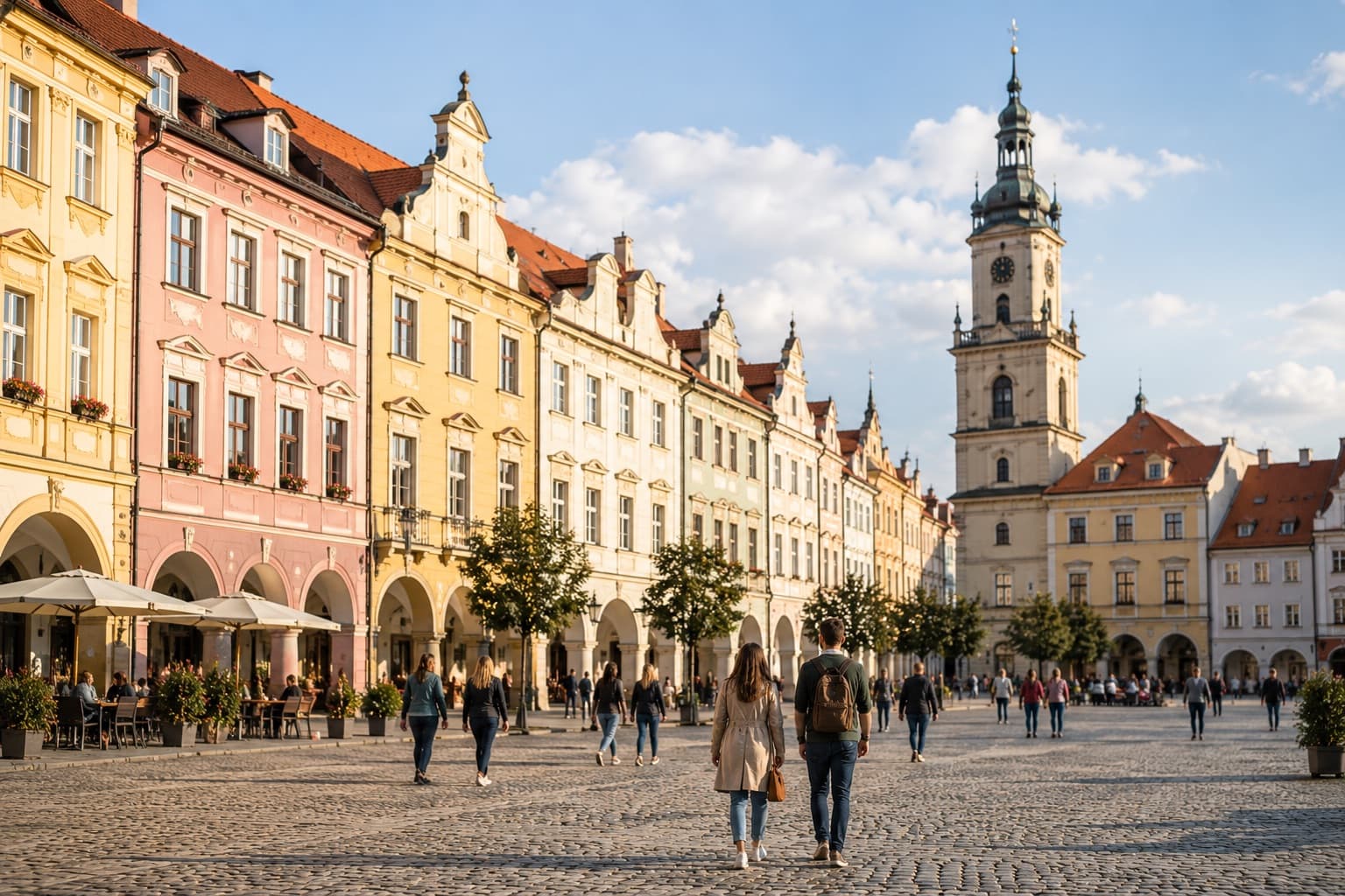 Historické náměstí s radniční věží a lidmi