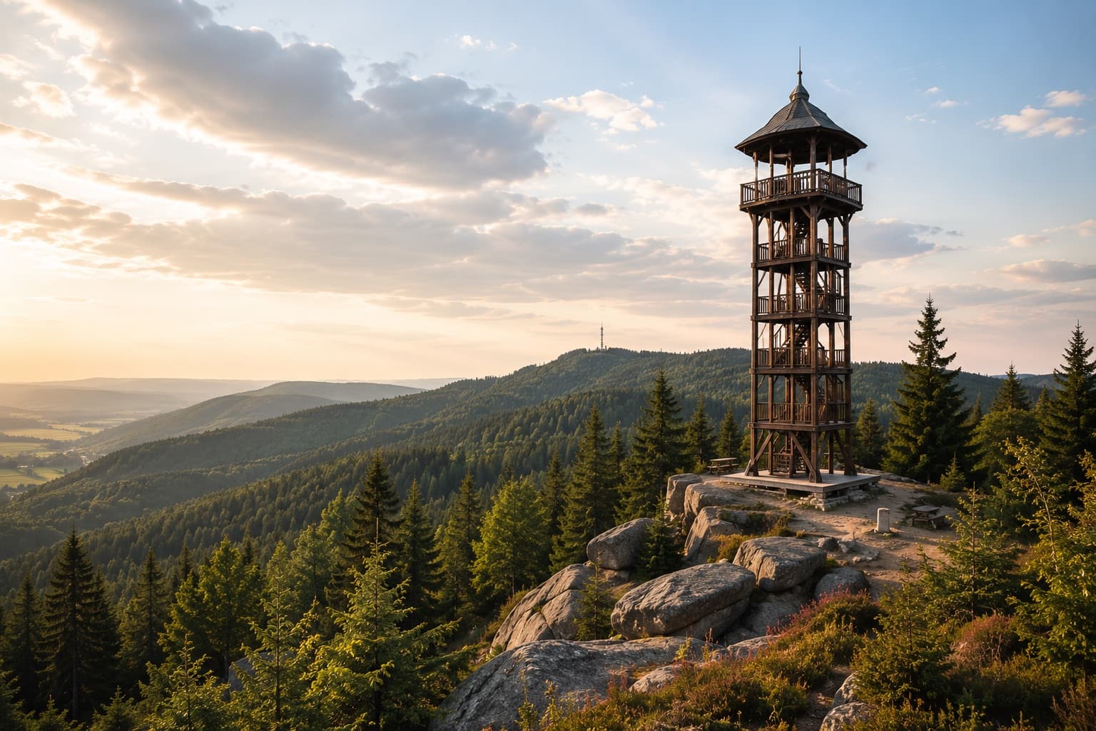 Dřevěná rozhledna na kopci nad zalesněnou krajinou