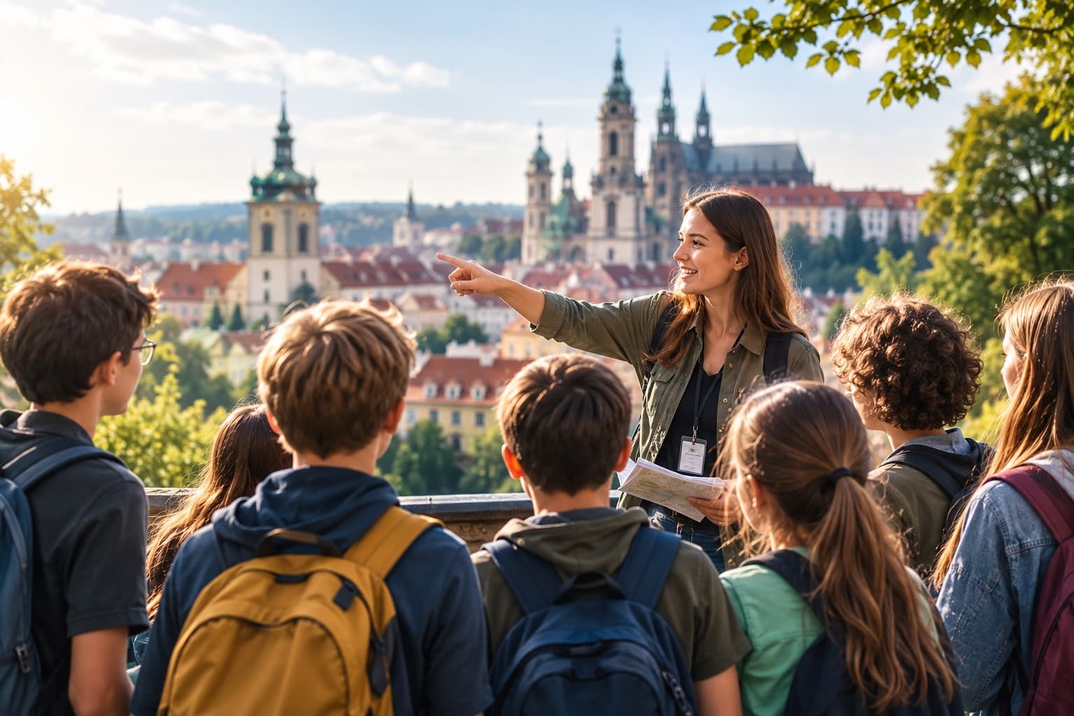 Průvodkyně ukazuje školní skupině panorama města